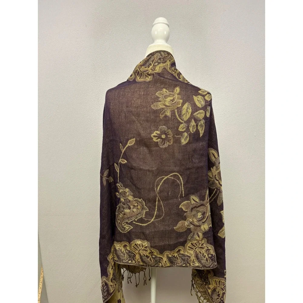 Boho Metallic Floral Reversible Womens Purple Gold Paisley Pashmina Shawl Wrap